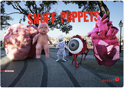 Snuff Puppets rep booklet cover with an image of giant puppets jumping in the air