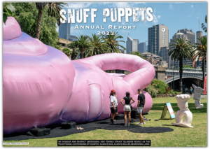 Front cover to 2023 Annual Report, with photo of giant Cochlea inflatable installation in city park